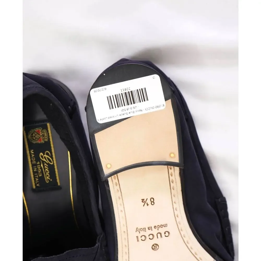 $1,090 GUCCI - Navy Blue Suede Unlined Venetian Loafers - US 9 (8.5G)